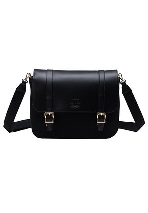 Black leather messenger bag with flap closure, two gold-tone buckle straps, and adjustable shoulder strap.