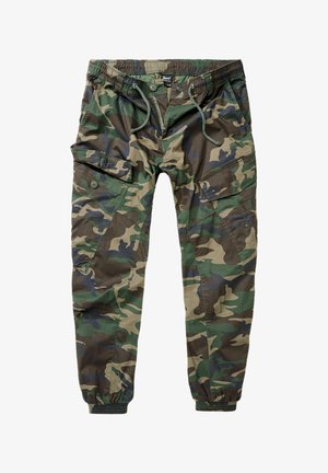 Camo Cargo-Hosen mit elastischem Bund, Kordelzugverschluss, mehreren Taschen und einer lockeren Passform mit zulaufenden Knöcheln.