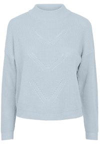 Pull tricoté bleu clair avec un col montant, une coupe ample et des motifs chevrons texturés. Manches longues avec poignets et ourlet côtelés.