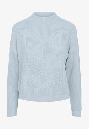 Vaaleansinisestä neulotusta neulepuserosta, jossa on korkea kaulus, löysä istuvuus ja kuvioitu siksak-kuvio. Pitkät hihat sekä resorit hihansuissa ja helmassa.