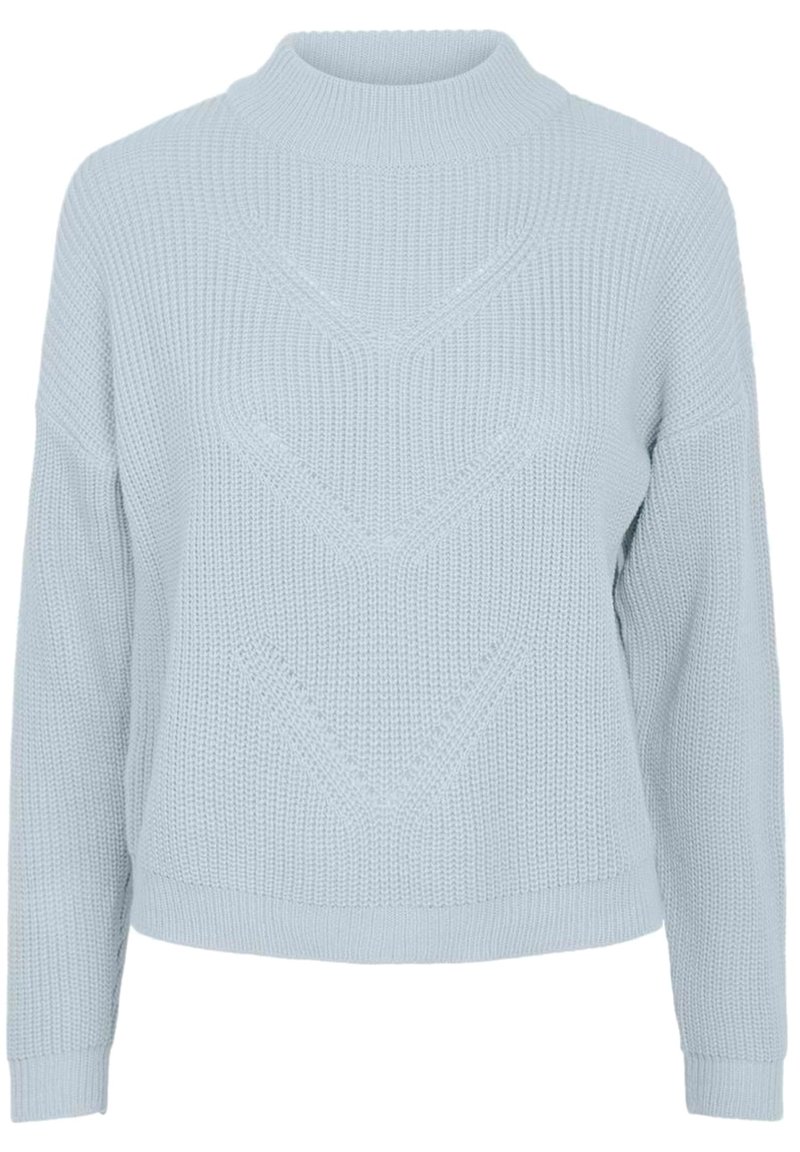 Pull tricoté bleu clair avec un col montant, une coupe ample et des motifs chevrons texturés. Manches longues avec poignets et ourlet côtelés.