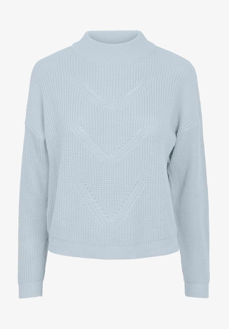 Pull tricoté bleu clair avec un col montant, une coupe ample et des motifs chevrons texturés. Manches longues avec poignets et ourlet côtelés.