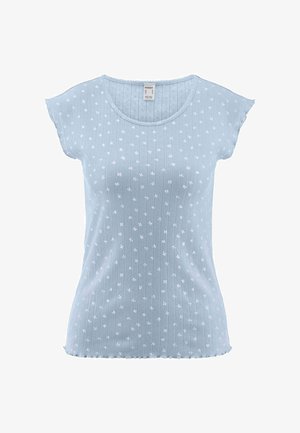 Hellblaues kurzärmliges Strickoberteil mit dezenten vertikalen Streifen und kleinen weißen Blumenmustern, rundem Ausschnitt sowie gewelltem Saum und Ärmeln.