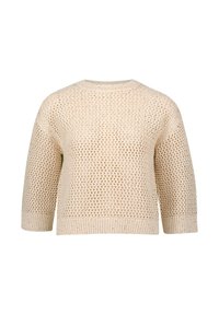 Light beige, knitted sweater with a loose, open weave. Features three-quarter sleeves and a round neckline. Soft texture with ribbed hem.