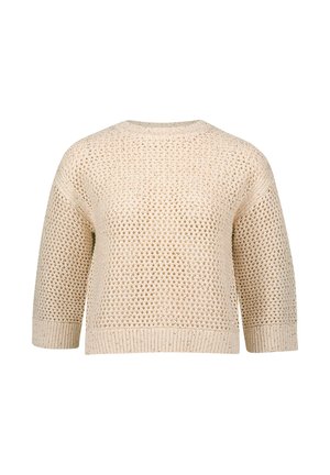 Light beige, knitted sweater with a loose, open weave. Features three-quarter sleeves and a round neckline. Soft texture with ribbed hem.