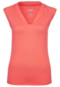 Top sin mangas de color coral en un tejido suave y elástico, con escote en v y textura lisa. Presenta una etiqueta de la marca en el interior del cuello.