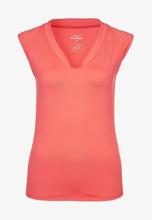 Korallenfarbenes ärmelloses Top aus einem weichen, dehnbaren Material mit V-Ausschnitt und glatter Textur. Mit einem Markenetikett im Kragen.