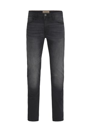 Mørk denimjeans med slim fit, der har en knaplukning, fem lommer og en let falmende effekt på lårene.