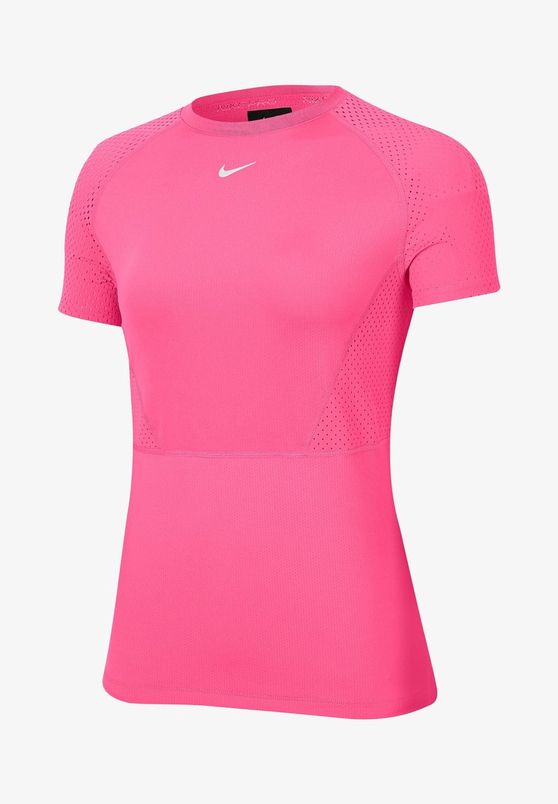 Pink short-sleeve athletic top, made of breathable fabric with mesh panels on shoulders and sides, featuring a round neckline and standard fit.