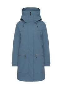 Veste bleue résistante à l'eau avec un col haut, une capuche ajustable, deux poches avant zippées, et une coupe droite avec des manches longues.