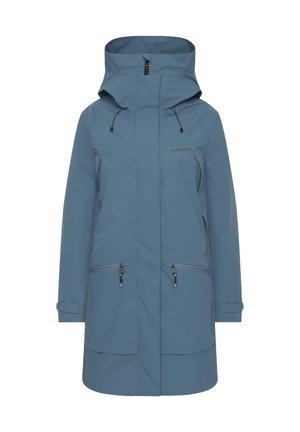 Veste bleue résistante à l'eau avec un col haut, une capuche ajustable, deux poches avant zippées, et une coupe droite avec des manches longues.