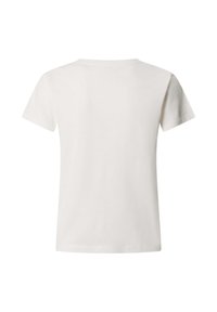 Απλό λευκό κοντομάνικο T-shirt, που φαίνεται από πίσω, με απλό στρογγυλό λαιμό και χωρίς εμφανή σχέδια ή λογότυπα.