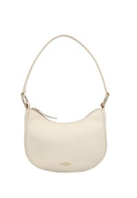 Cremefarvet læder skuldertaske med en buet form, lynlås lukning i toppen og diskret guld branding. Har en tynd, justerbar rem.