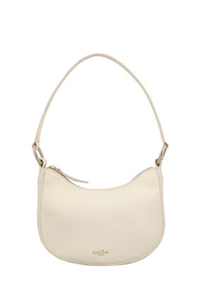 Kremo spalvos odinė petneša krepšys su išgaubta forma, viršuje užsegamas užtrauktuku ir subtiliu auksiniu logotipu. Yra plona, reguliuojama petneša.