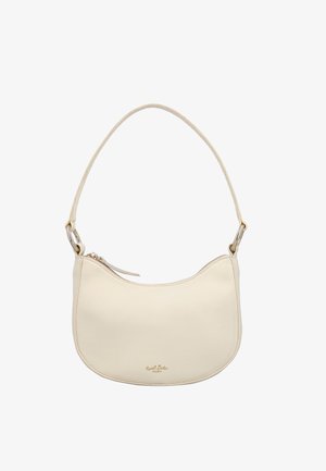 Cremefarvet læder skuldertaske med en buet form, lynlås lukning i toppen og diskret guld branding. Har en tynd, justerbar rem.