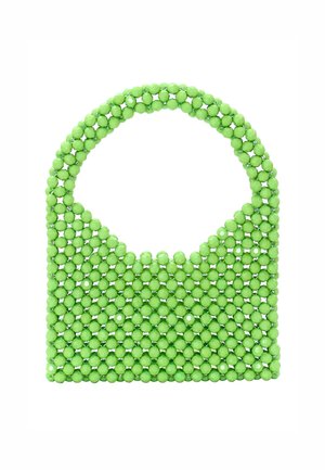 Borsa a tracolla verde con manico superiore arrotondato, caratterizzata da una superficie testurizzata composta di perline lucide e una silhouette strutturata.