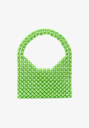 Zielona torebka na koralikach z okrągłym uchwytem, o fakturowanej powierzchni z błyszczących koralików i wyraźnie zarysowanej sylwetce.