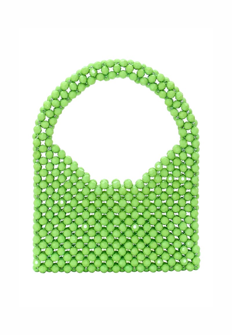 Borsa a tracolla verde con manico superiore arrotondato, caratterizzata da una superficie testurizzata composta di perline lucide e una silhouette strutturata.