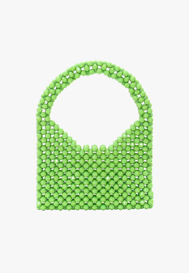 Borsa a tracolla verde con manico superiore arrotondato, caratterizzata da una superficie testurizzata composta di perline lucide e una silhouette strutturata.