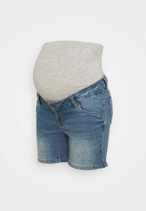 Blå denim graviditetsshorts med justerbar grå elastisk talje designet til at passe over en gravid mave.
