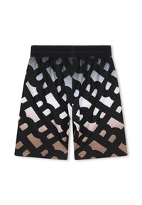 Shorts de bain noirs avec un design dégradé qui passe du noir aux tons neutres, ornés de grands motifs de lettres répétées.