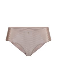 Beige Damen-Slips mit hohem Bund aus glattem Stoff, mit einer dezenten Rippstruktur und einem kleinen dekorativen Emblem in der vorderen Mitte.