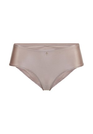Beige Damen-Slips mit hohem Bund aus glattem Stoff, mit einer dezenten Rippstruktur und einem kleinen dekorativen Emblem in der vorderen Mitte.