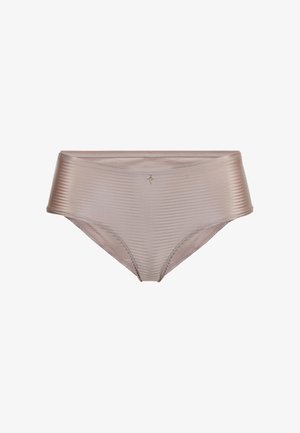 Beige high-waisted women's briefs made of smooth fabric, featuring a subtle ribbed texture and a small decorative emblem at the front center.