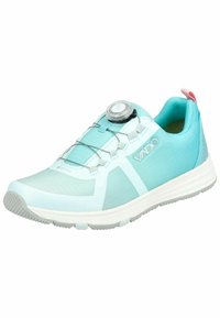 Scarpa da ginnastica azzurro chiaro con tomaia in rete testurizzata, lacci elasticizzati e un pomello rotondo per regolare la vestibilità. Presenta una suola bianca e dettagli.