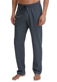 Pantaloni da pigiama in cotone blu navy con un motivo geometrico bianco, dotati di vita elastica e cordoncino, design a gamba dritta.