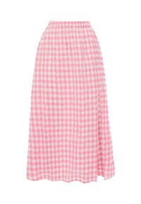 Różowa spódnica midi w kratę z plisowanym wzorem i elastycznym paskiem w talii. Lekki, fakturowany materiał z naprzemiennymi jasnoróżowymi i ciemnoróżowymi kwadratami.