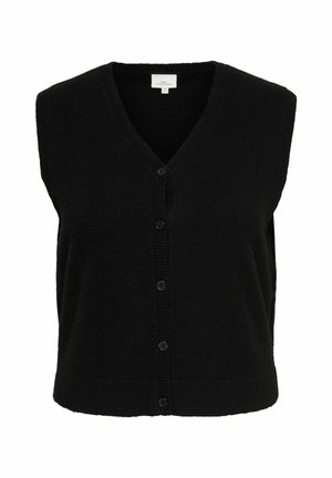Gilet nero senza maniche in maglia con bottoni, scollo a V e bordi a coste, adatto per essere indossato sopra camicie o top.