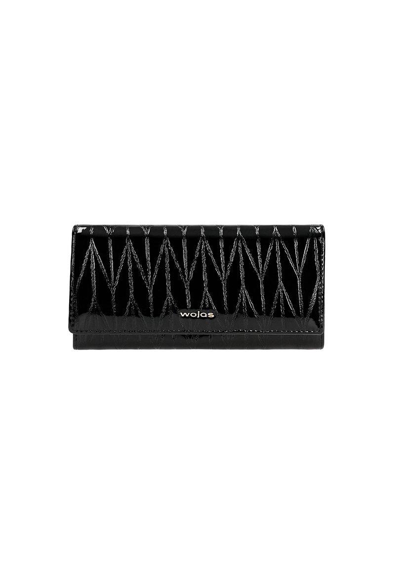 Portafoglio in pelle verniciata nera con motivo geometrico a rilievo, chiusura a scatto magnetico e dettaglio del logo in argento sul davanti.