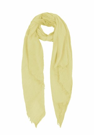 Hellgelber, leichter rechteckiger Schal mit fransigen Kanten, oben locker geschlungen vor weißem Hintergrund.