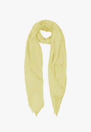 Light yellow, lightweight rectangular scarf with fringed edges, loosely looped at the top against a white background.