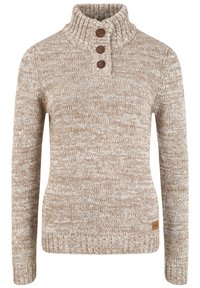 Beige strikket genser med høy krage, utstyrt med en lukking med tre knapper, teksturert stoff og et lite logo-merk på siden.