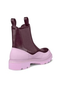 Burgundy läder Chelsea-boots med rosa gummisålar; elastiska sidopaneler; dragflikar; robust mönster för förbättrat grepp.