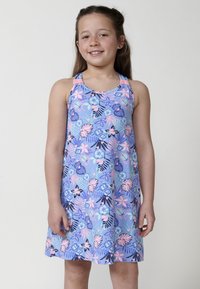 Blumengemustertes Sommerkleid in Blau-, Pink- und Grüntönen, mit dünnen Trägern und lockerer Passform, aus leichtem Stoff gefertigt.