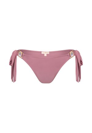Roze bikini onderkant met verstelbare zijstrikjes. Bevat een decoratieve hardwareaccent met een steentje-achtig detail aan beide zijden. Zachte textuur.