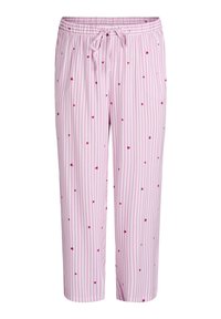 Light pink pajama pants with vertical white stripes and small red heart patterns. Features an elastic waistband with a adjustable drawstring.