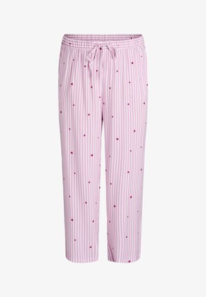 Pantaloni da pigiama rosa chiaro con strisce bianche verticali e piccoli motivi a forma di cuore rossi. Presentano una vita elastica con cordoncino regolabile.