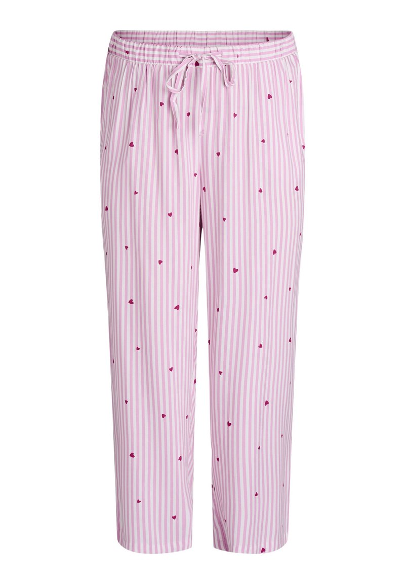 Light pink pajama pants with vertical white stripes and small red heart patterns. Features an elastic waistband with a adjustable drawstring.