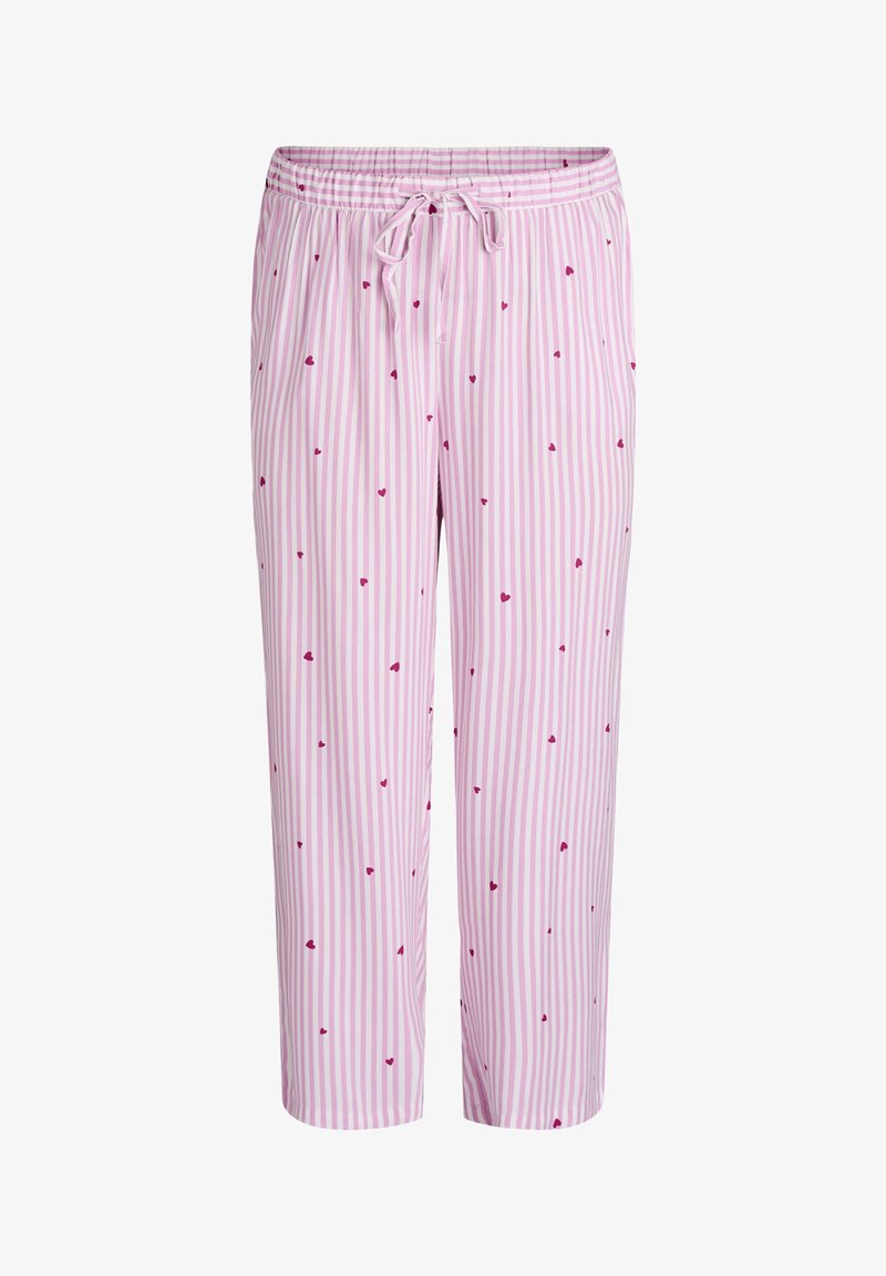Light pink pajama pants with vertical white stripes and small red heart patterns. Features an elastic waistband with a adjustable drawstring.