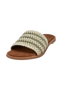 Sandalia tipo slide de punta abierta con un upper tejido en crema y verde, plantilla de ante sintético marrón suave y una suela texturizada similar al corcho.