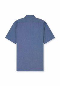 Kurzarmhemd aus einem strukturierten dunkelblauen Stoff, mit einem klassischen Kragen und einem einfarbigen Design ohne sichtbare Muster oder Akzente.