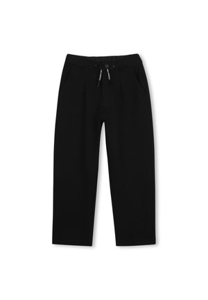Pantalon noir droit avec taille élastique et cordon ajustable avec texte imprimé, poches avant et longueur raccourcie.