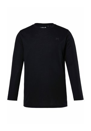 Long-sleeve black T-shirt made of soft fabric with a round neckline and a subtle "M" logo on the chest. Smooth texture, regular fit.