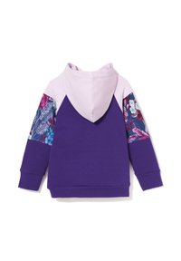 Fioletowa bluza z kapturem w kolorze liliowym i rękawami ozdobionymi kwiatowym wzorem. Wykonana z miękkiego materiału, z prążkowanymi ściągaczami na mankietach i dole. Widok z tyłu.
