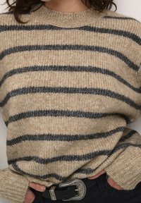Beżowy i szary sweter w paski wykonany z wełny, z okrągłym dekoltem i ściągaczami na rękawach, zestawiony z czarnym paskiem z srebrną ozdobną klamrą.