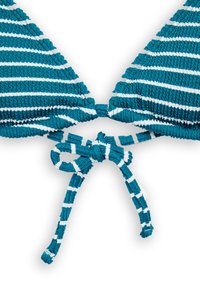 Vihreä ja valkoinen raidallinen bikinitoppi, jossa on strukturoidut kangas. Sisältää kolmiomaiset kupit ja säädettävän solmukiinnityksen keskellä.